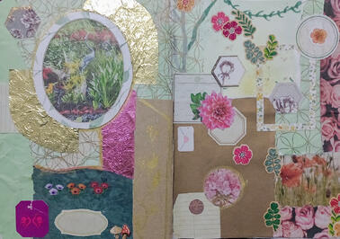 A double page collage themed around floral patterns and gold