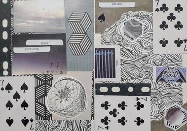 A black and white themed double page collage with a small illustrated kiwi