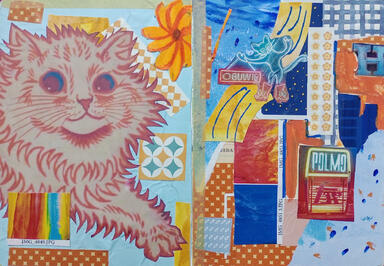 A double page collage based around art by Louis Wain