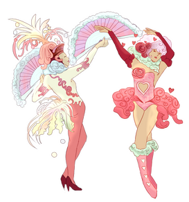 An illustration of two showgirls dressed in pink based off of the Blackpool Illuminations
