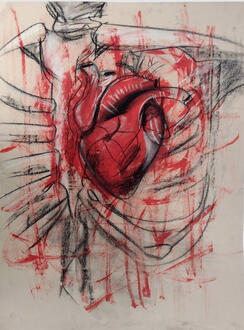 A charcoal drawing over red paint on brown paper of a human heart inside a skeletal ribcage.
