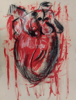 a charcoal drawing over red paint on brown paper of a human heart