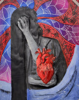 A heavily contrasting painting of someone waking up from a nightmare.