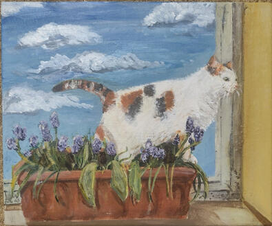 This is an acrylic on canvas painting of my cat Nala! She's a cunt and i love her. She is sitting in a flowerbox with purple flowers, the background is a blue cloudy sky, with a yellow wall to her right. Not to brag, but this one was featured in an art gal