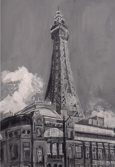 a black and white painting of Blackpool Tower